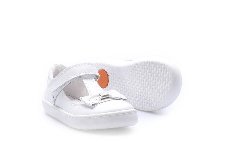 White sandal with a small orange logo on a white background