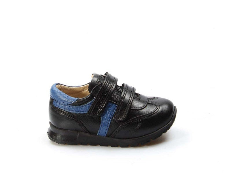 Boys Black Leather Sneakers with Blue Accent
