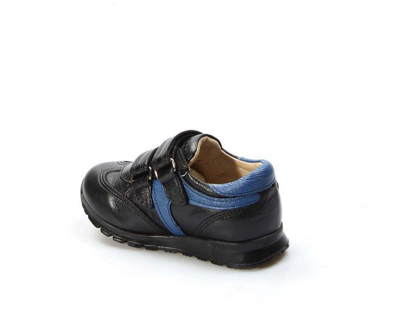 Boys Black Leather Sneakers with Blue Accent