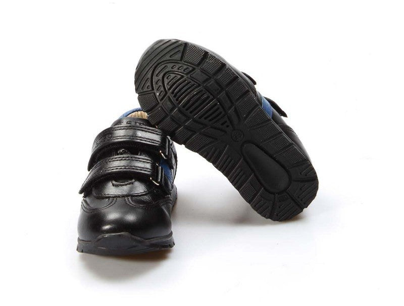 Boys Black Leather Sneakers with Blue Accent