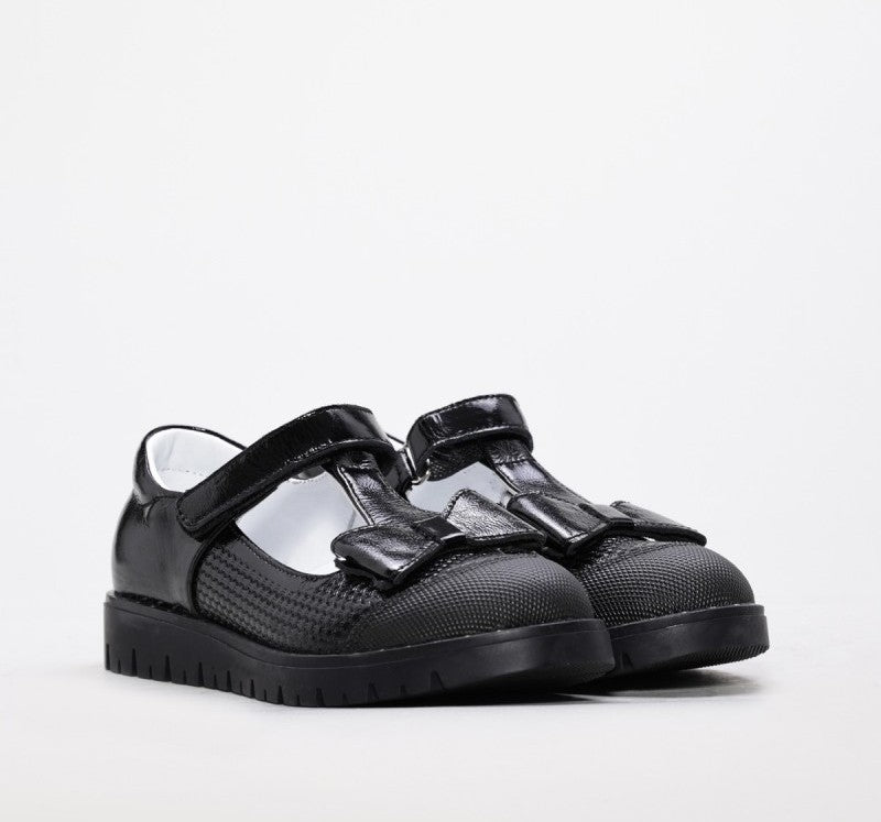 Girls Black Leather Shoes with Bow