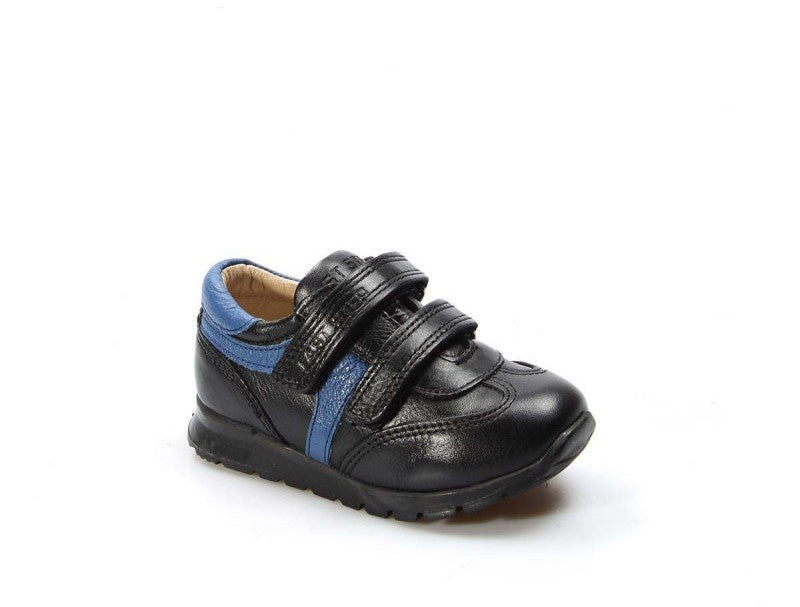 Black children's shoe with blue accents on a white background