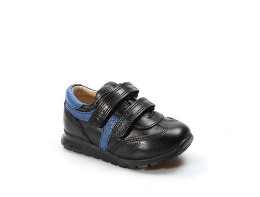Black children's shoe with blue accents on a white background