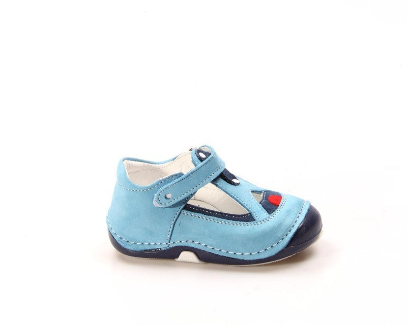 Blue children's shoe with a heart design on a white background
