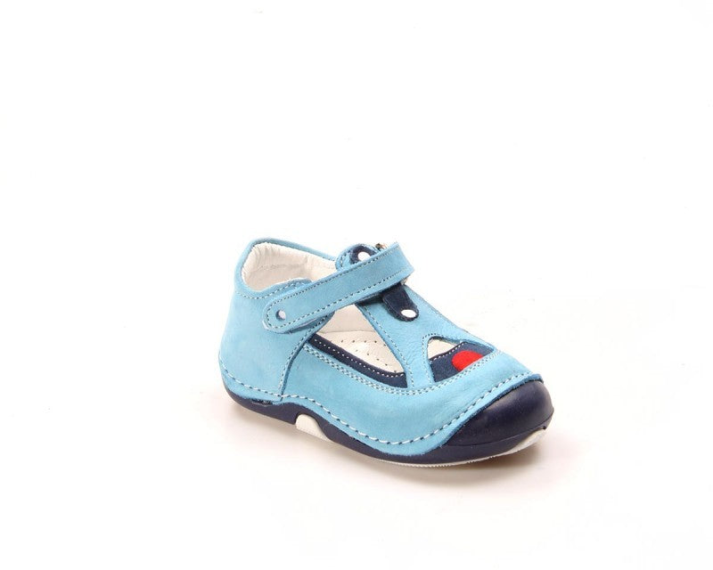 Blue children's shoe with a heart design on a white background