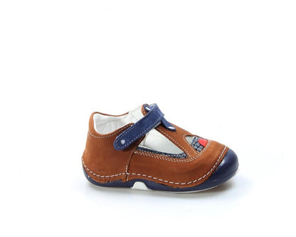 Brown and blue children's shoe on a white background