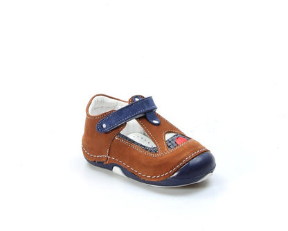 Brown and blue children's shoe on a white background