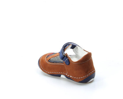 Brown and blue children's shoe on a white background