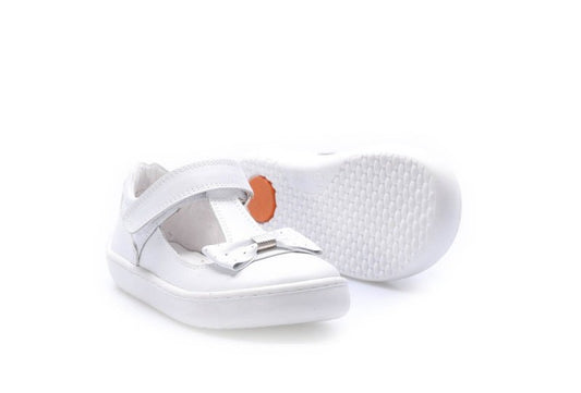 White sandal with a small orange logo on a white background