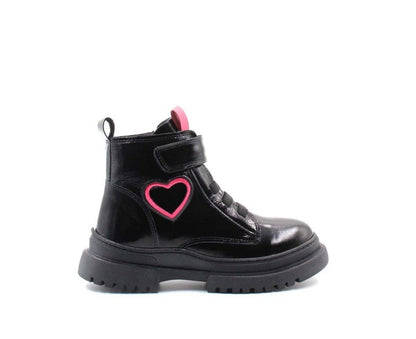 Girls Black Leather Boots with Pink Heart