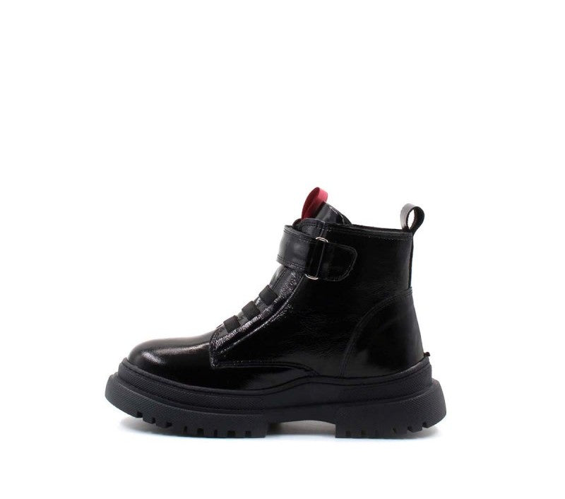Girls Black Leather Boots with Pink Heart