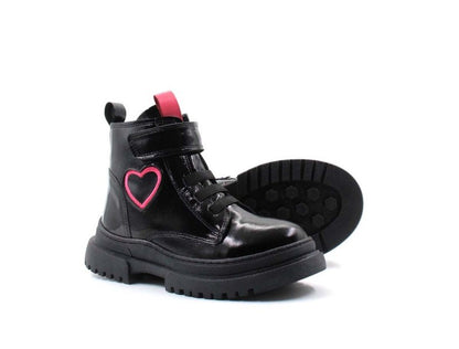 Girls Black Leather Boots with Pink Heart