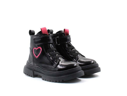 Girls Black Leather Boots with Pink Heart