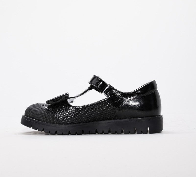 Girls Black Leather Shoes with Bow